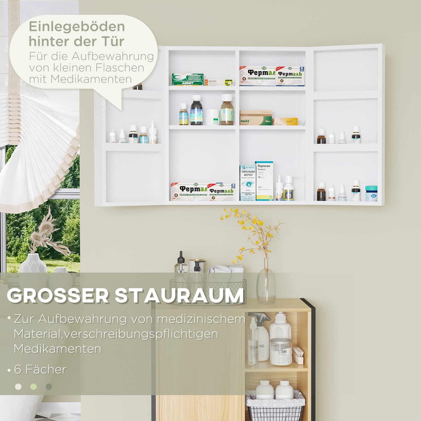 kleankin Medizinschrank, 2-türiger Medikamentenschrank mit 6 Einlegeböden, Apothekerschrank für Wandmontage, Abschließbarer Arzneischrank, Erste Hilfe Schrank, Stahl, Weiß, 55 x 18 x 60 cm