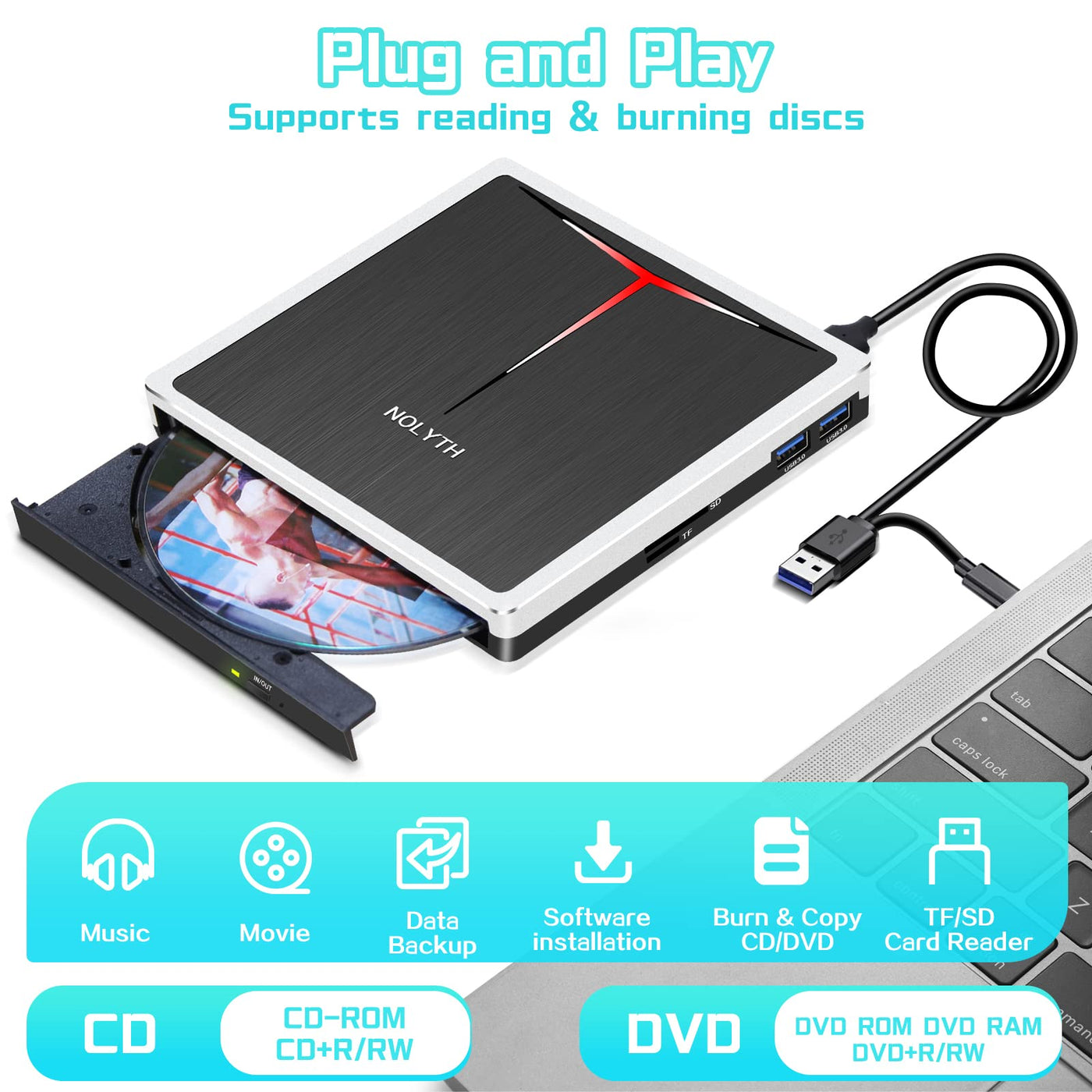 NOLYTH Externes DVD Laufwerk, CD Laufwerk Extern USB, DVD Laufwerk Extern mit SD TF 2 USB Ports, Tragbar Externe Optische Laufwerke DVD Brenner Extern CD Laufwerk Externes für Laptop Mac PC Windows