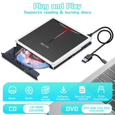 NOLYTH Externes DVD Laufwerk, CD Laufwerk Extern USB, DVD Laufwerk Extern mit SD TF 2 USB Ports, Tragbar Externe Optische Laufwerke DVD Brenner Extern CD Laufwerk Externes für Laptop Mac PC Windows