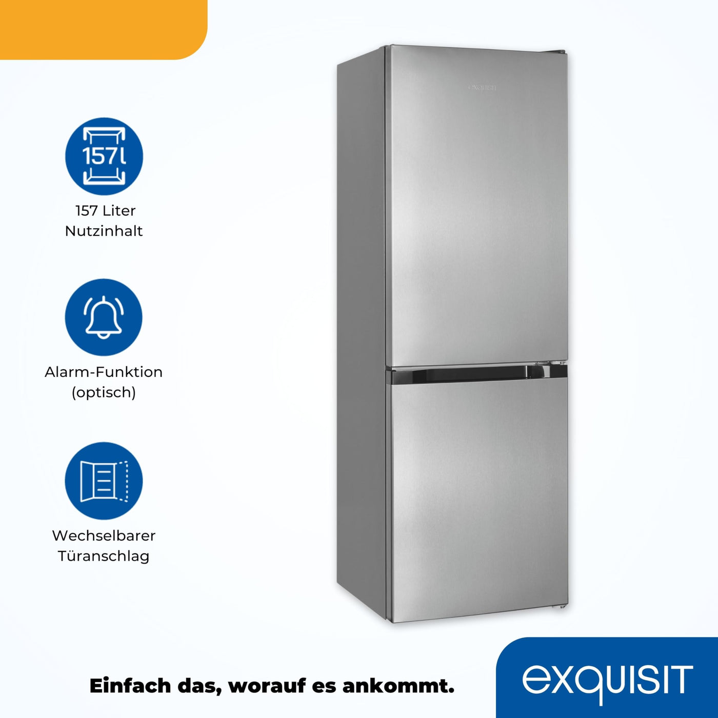 Exquisit Kühl-Gefrierkombination, Kühlschrank mit Gefrierfach, 4-Sterne-Gefrieren, 157 Liter, Alarm-Funktion, Schnellkühlen, KGC5231-60-E-050C inoxlook