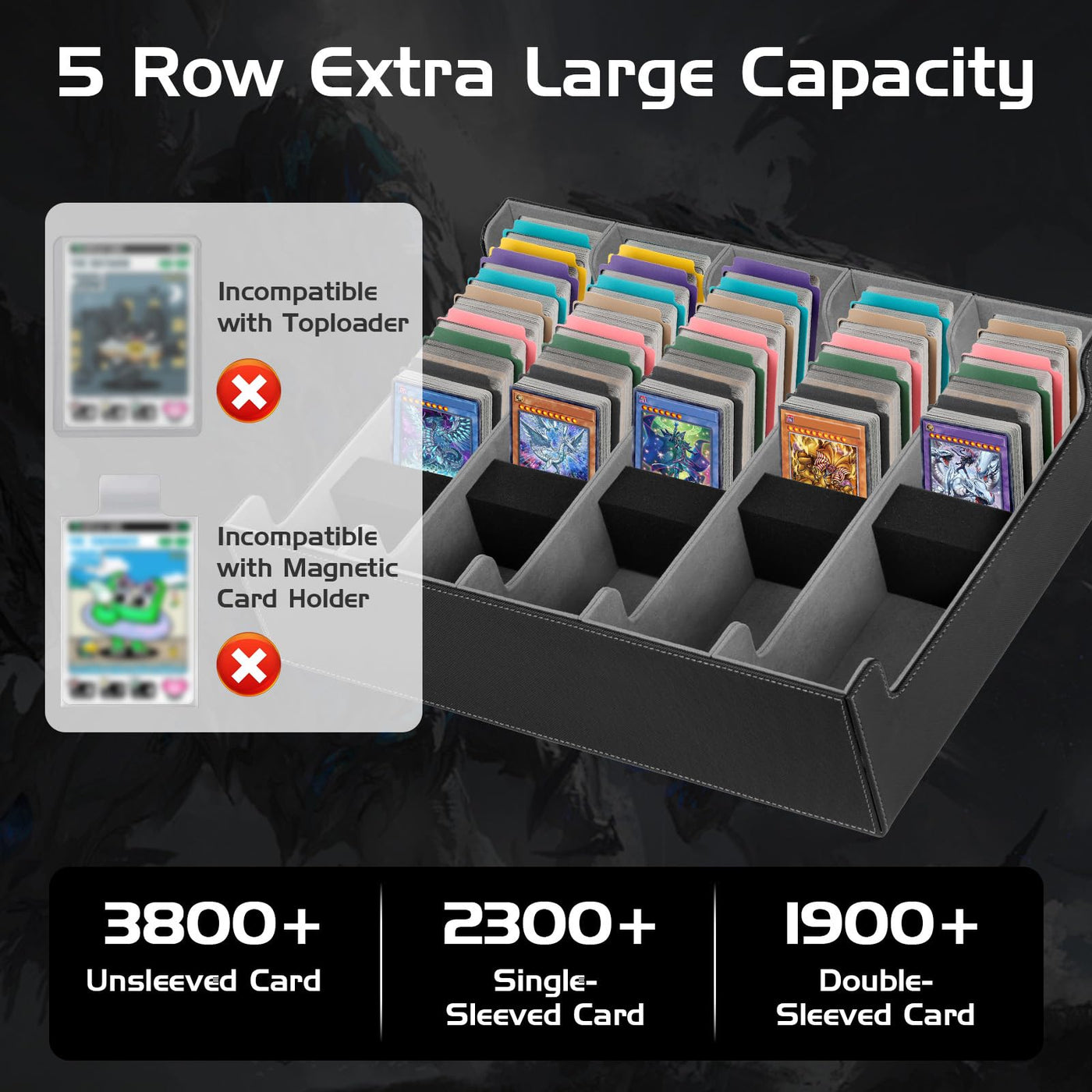 CAUTIOUS 5R Pokemon Deck Box, Sammelkarten Box für 3800+ Karten, MTG-deck Box, Trading Card Box mit 5 Verstellbaren Kartentrennern, mit 48 kompatiblen Kartenteilern (schwarz+grau)