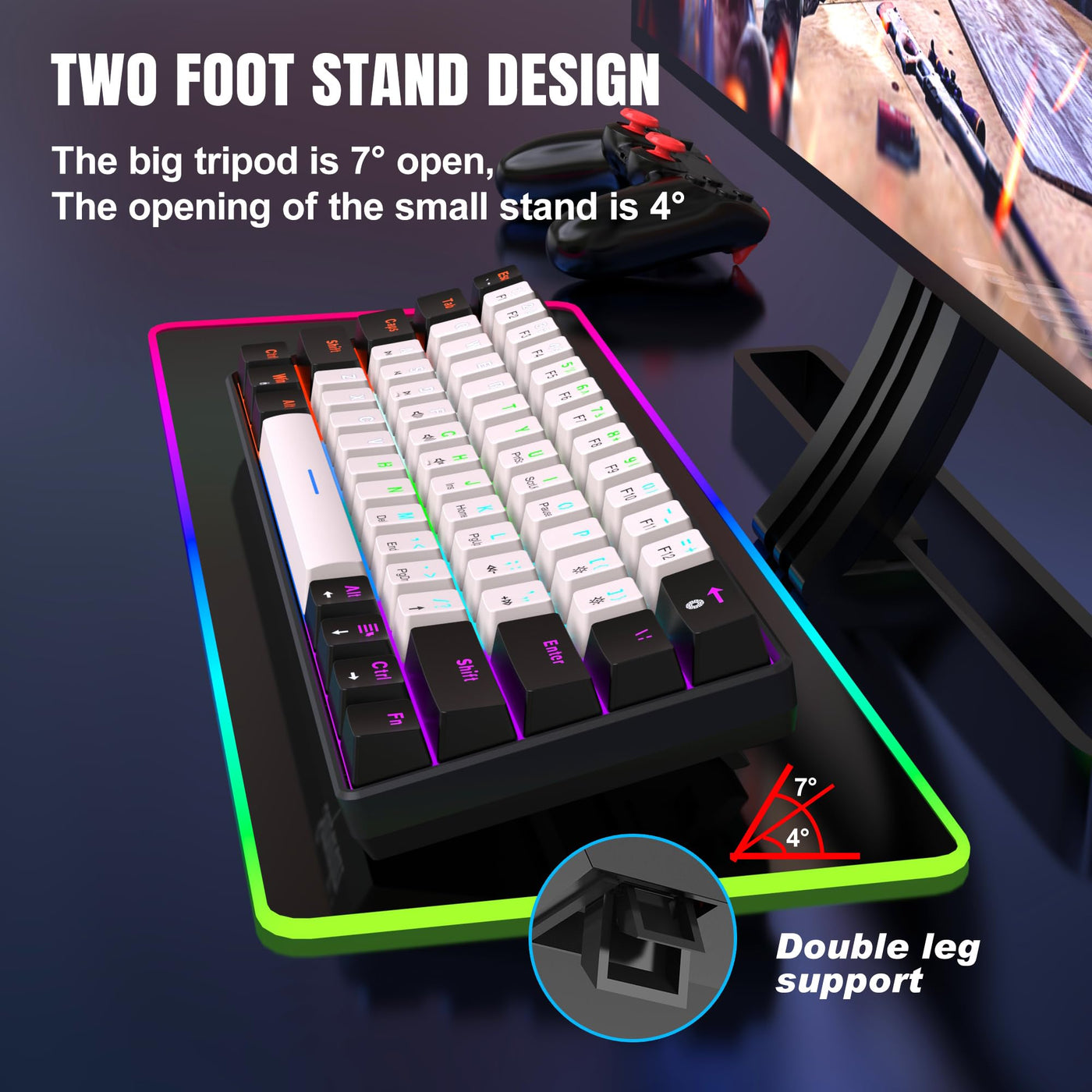 Snpurdiri 60% kabelgebundene mechanische Gaming-Tastatur, 61 Anti-Ghosting-Tasten, RGB-Hintergrundbeleuchtung, ultrakompakte Blaue Schalter, Zwei Ständer, schwarz-weiß