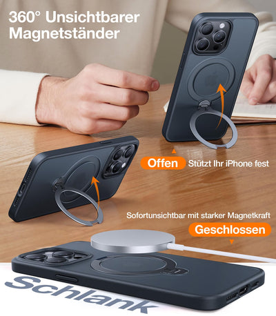 TORRAS 360° Ostand Spin für iPhone 16 Pro Hülle für Magsafe (Magnetischer Robust Standring) Zertifizierte Militärschutz, Matt Rückseite Hülle für iPhone 16 Pro Case Schlank Schwarz
