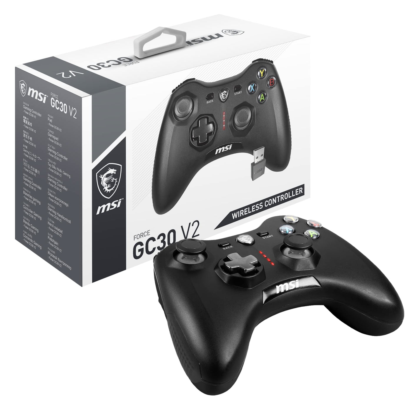 MSI FORCE GC30 V2 Kabelloser PC-Gamepad Controller - 2,4 GHz, 600mAh Li-Ionen-Akku, austauschbare D-Pad-Abdeckungen, zwei Vibrationsmotoren, USB 2.0 - schwarz, kabelgebunden/kabellos