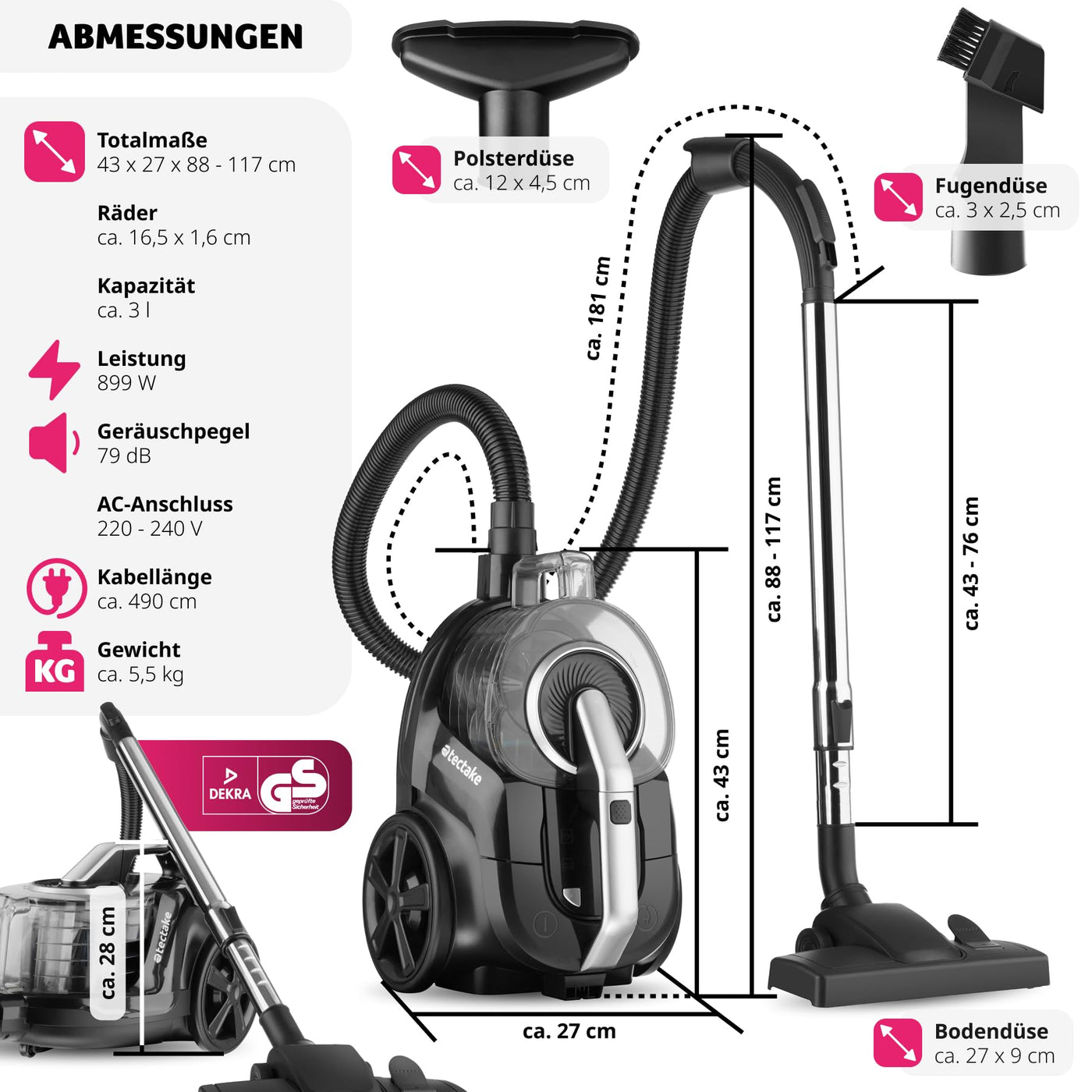 tectake® Staubsauger beutellos, VC900, 900 W, stark, beutelloser Bodenstaubsauger mit Kabel, für Tierhaare, Easy clean ohne Beutel für Teppichboden und Hartboden