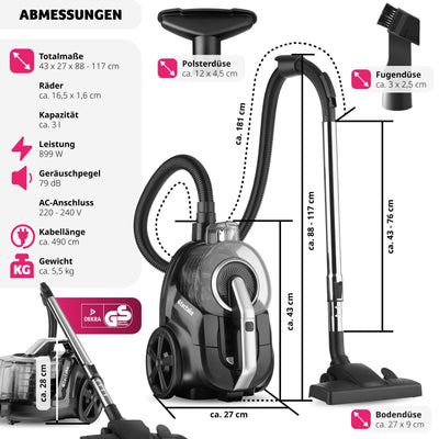 tectake® Staubsauger beutellos, VC900, 900 W, stark, beutelloser Bodenstaubsauger mit Kabel, für Tierhaare, Easy clean ohne Beutel für Teppichboden und Hartboden