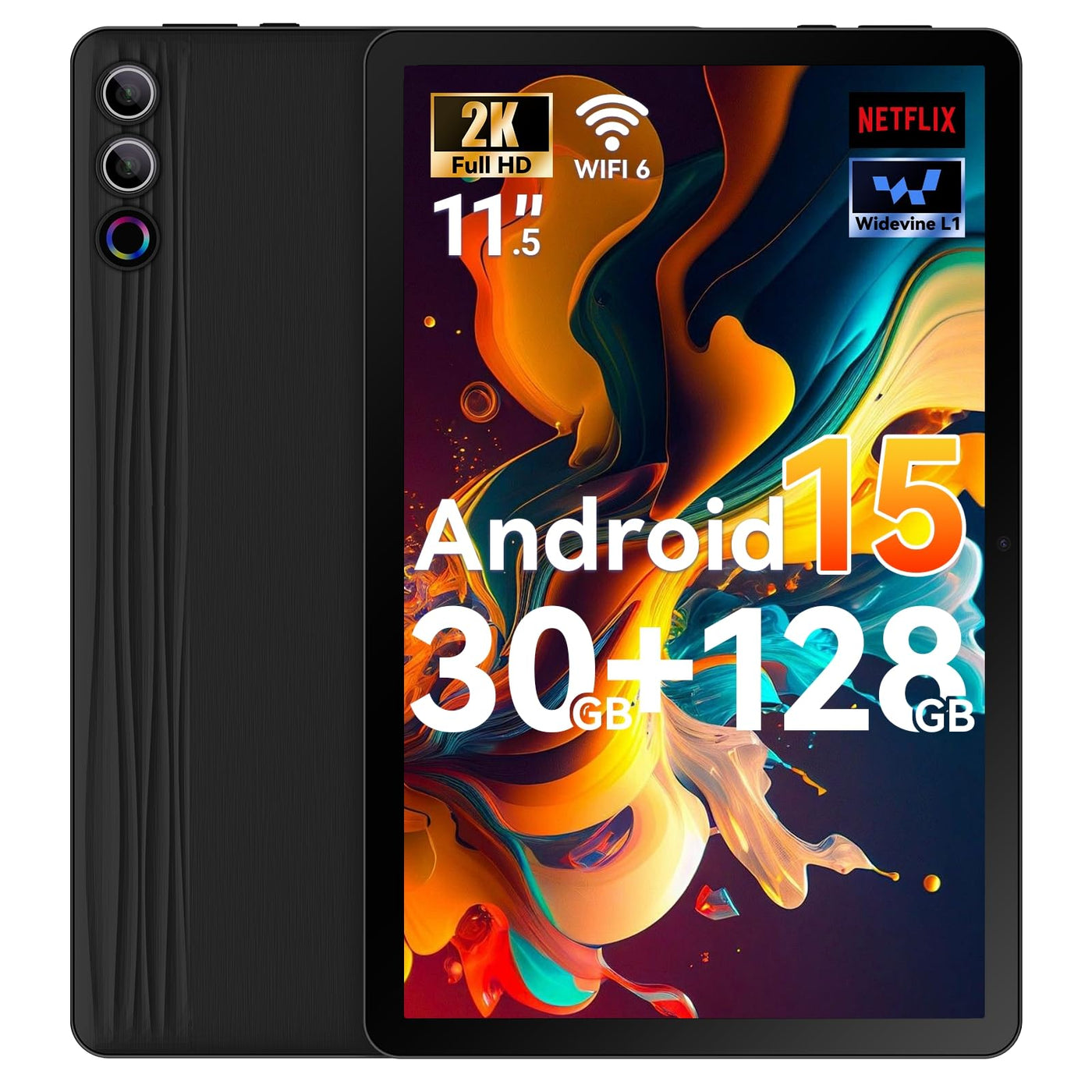 Ainmel Tablet 11,5 Zoll Android 15, 30GB RAM 1TB TF, 2K Android Tablet 2000 * 1200 FHD, 8400mAh, Widevine L1, 13MP Kamera, WiFi 6&BT 5.3, Face ID Tablet PC für Arbeit/Studium - Schwarz