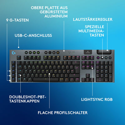 Logitech G G915 X LIGHTSPEED TKL – flache kabellose Gaming-Tastatur mit Double-Shot-PBT-Tastenkappen, RGB-Hintergrundbeleuchtung, roten linearen GL-Switches für PC/Mac, DEU QWERTZ-Layout - Schwarz