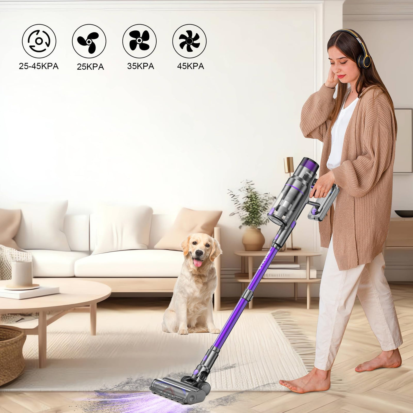 Vistefly V15s Max Akku Staubsauger Kabellos 45000Pa, 580W Kabelloser Staubsauger mit Touchscreen 8 in 1 Staub Automatisch Erkennen 70 Minuten Laufzeit für Tierhaare Hartböden Teppich