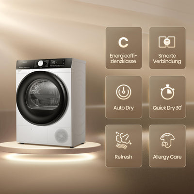 Hisense DH3S802BW3, 8KG, Kondensation mit Wärmepumpe, 16 Programme, ConnectLife, TwinAir, Weiß, Energieeffizienzklasse C