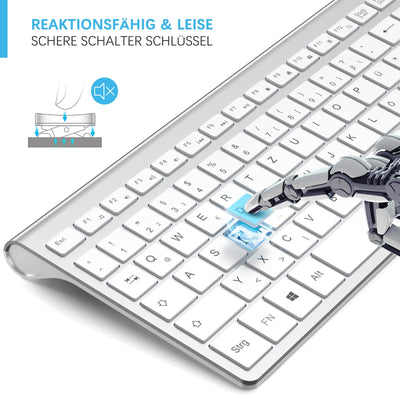 JOYACCESS J Tastatur Maus Set Kabellos, 2.4G Ultra Dünne Funktastatur mit Maus, Ergonomischer und Leise 2400DPI Optische Maus für PC/Laptop/Smart TV(QWERTZ, Deutsches Layout) - Schwarz und Grau