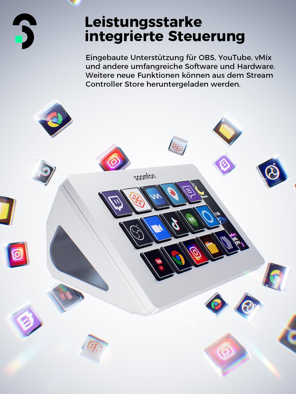 SOOMFON Stream Controller Deck Weiss, 15 anpassbaren Makrotasten, auslösen von Aktion in Software wie OBS/Twitch/YouTube/PS, Mac & Windos, für Live-Streaming, Aktienhandel & Editing