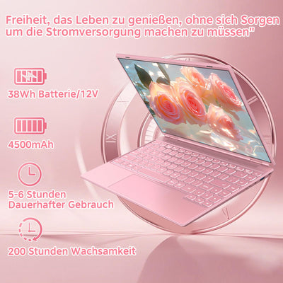 NOTODD 2025 Laptop 14 Zoll Win11 Pro 8+256GB SSD Unterstützung 1TB(TF-1TB) Celeron N5095 (bis 2.9GHz) 1920x1200 Notebook Kühlgebläse Type-C Deutscher Tastaturschutz und kabellose Maus-Rosa