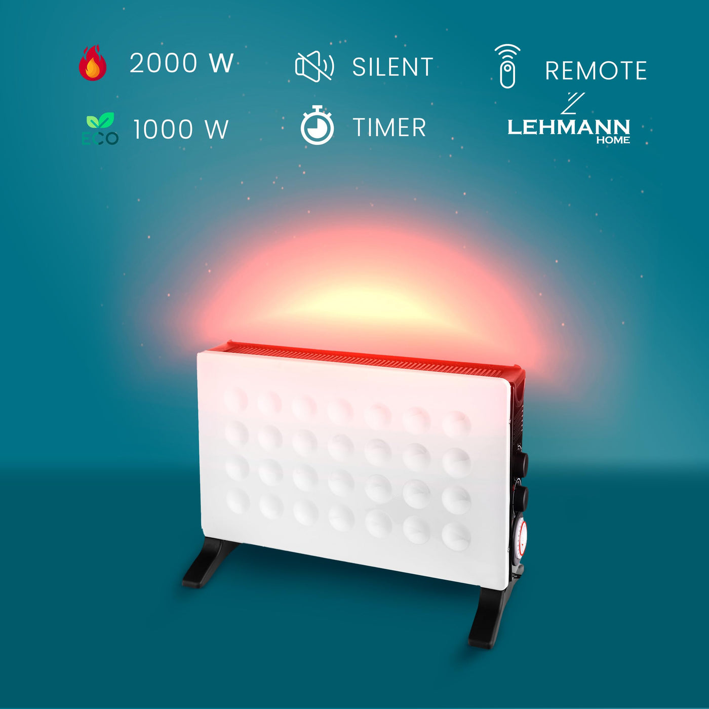 Lehmann LHOHC-2013B Konvektor Heizung 2000 W | Heizkörper mit Thermostat und 3-stufiger Leistungsregelung 750/1250 / 2000 W | Mobil Heizlüfter mit Überhitzungsschutz
