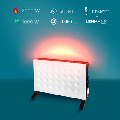 Lehmann LHOHC-2013B Konvektor Heizung 2000 W | Heizkörper mit Thermostat und 3-stufiger Leistungsregelung 750/1250 / 2000 W | Mobil Heizlüfter mit Überhitzungsschutz