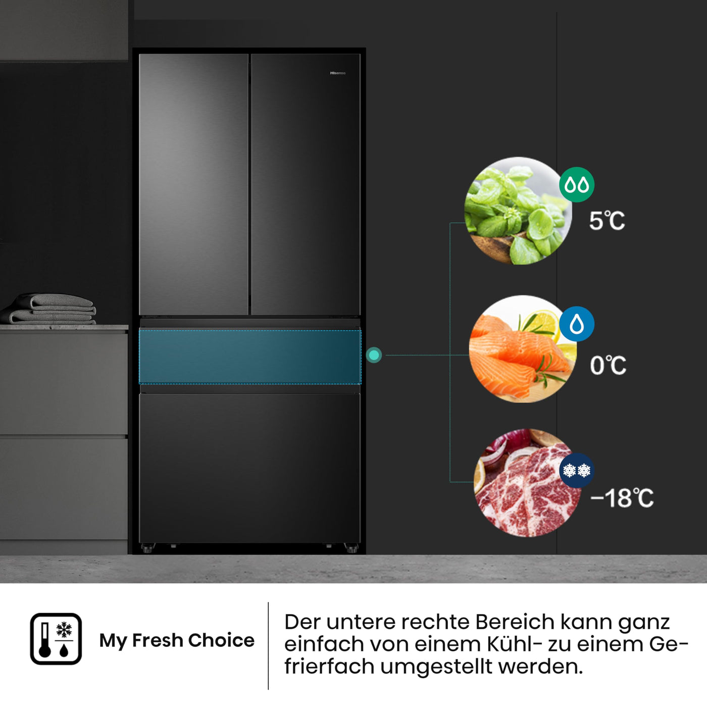 Hisense RF540N4SBF2 French Door Kühl-Gefrierkombination/ NoFrostPlus/ Inverter-Kompressor/ Multiflow 360°/ SuperCool/ 181,7 cm/ Kühlteil 302 l/ Gefrierteil 178 l/ 40 dB/ 310 kWh/ Jahr/ Schwarz