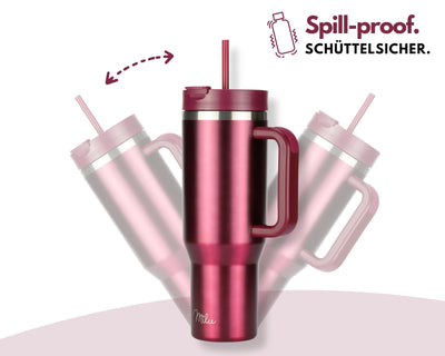 Milu Thermobecher 1200ml mit Strohhalm und Henkel 48h Eis/24h kalt/12h heiß Edelstahl Tumbler 40oz mit Griff Isolierbecher to go Isolierflasche Trinkflasche doppelwandig isoliert (Berry, 1,2L)