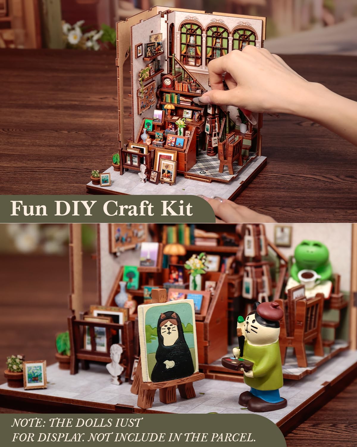 CUTEBEE Book Nook Kit - DIY Puppenhaus Bausatz zum Selberbauen, EIN Retro und künstlerisches Miniaturhaus, 3D Holzpuzzle Buchstütze, Kreative Bücherregal Dekoration, Geschenke（Gellery Bookstore）