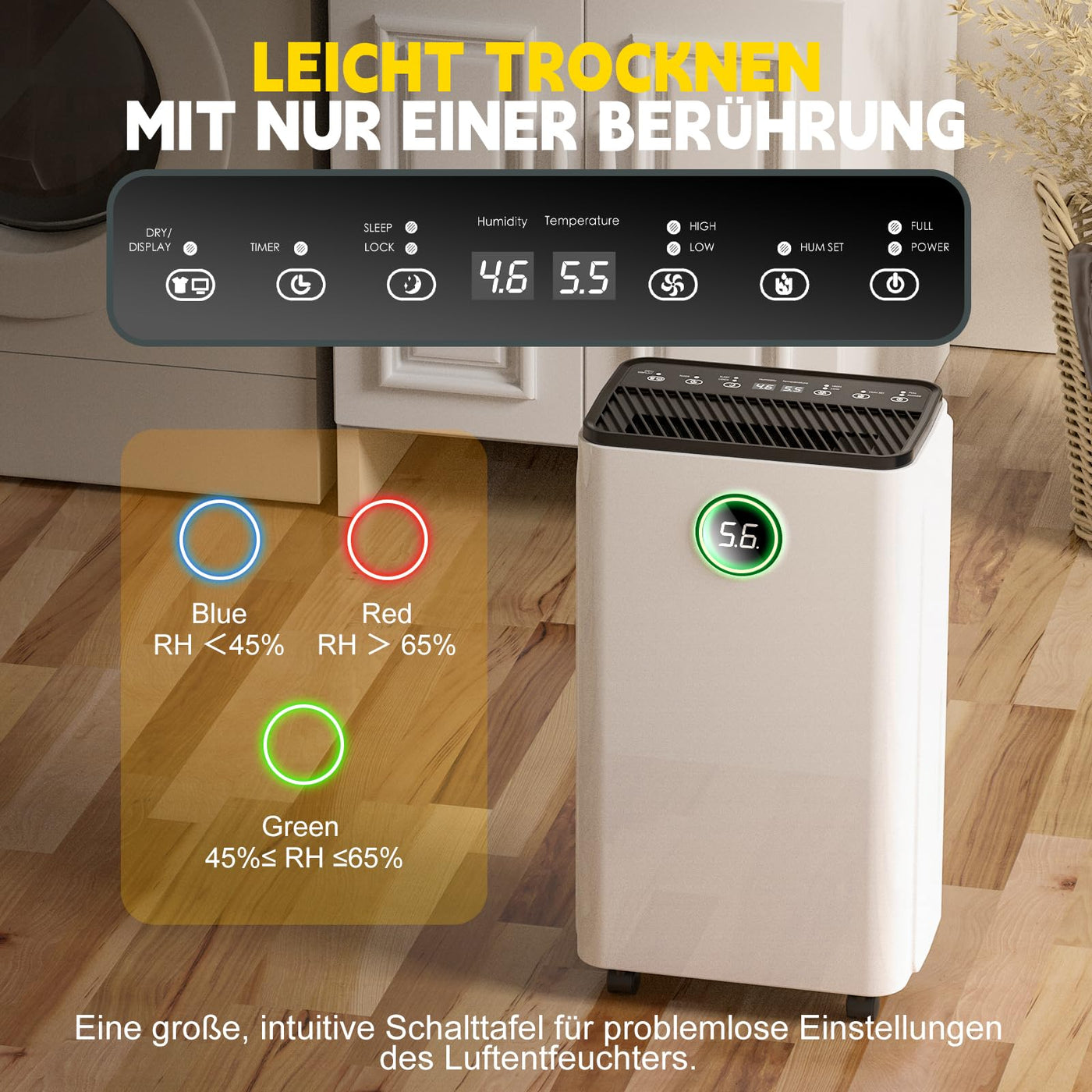 Luftentfeuchter 12L/Tag, Auto Entfeuchtung, 24H-Timer Ein/Aus, Kontinuierliche Entwässerung, Leistungsstarker Raum Luftentfeuchter mit LED Display und Steuerung, Gegen Feuchtigkeit