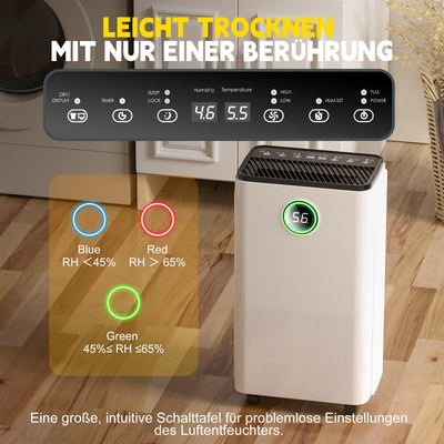 Luftentfeuchter 12L/Tag, Auto Entfeuchtung, 24H-Timer Ein/Aus, Kontinuierliche Entwässerung, Leistungsstarker Raum Luftentfeuchter mit LED Display und Steuerung, Gegen Feuchtigkeit