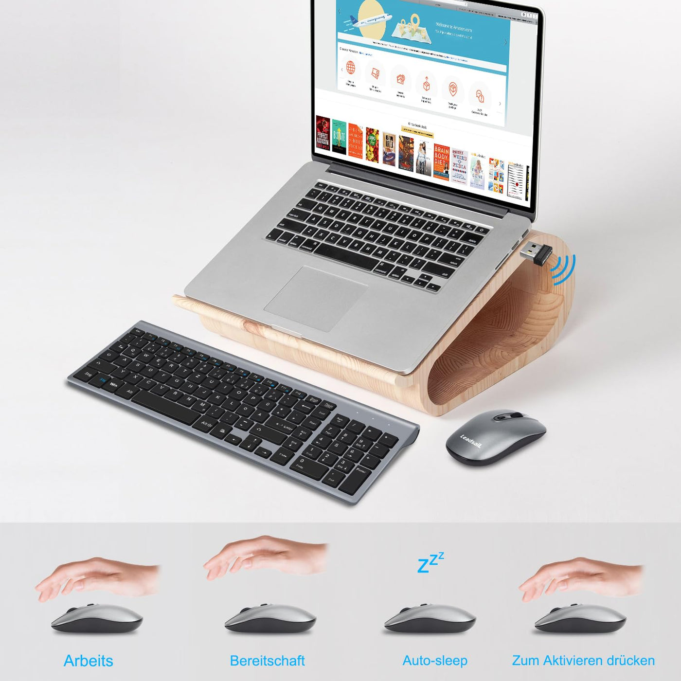 LeadsaiL Tastatur Maus Set Kabellos, 2,4 GHz USB-Empfänger Ultradünne Leise, Deutsch QWERTZ-Layout, 12 FN-Tasten Für Windows XP/7/8/10, PC, Laptop, Computer, Desktop - Grau