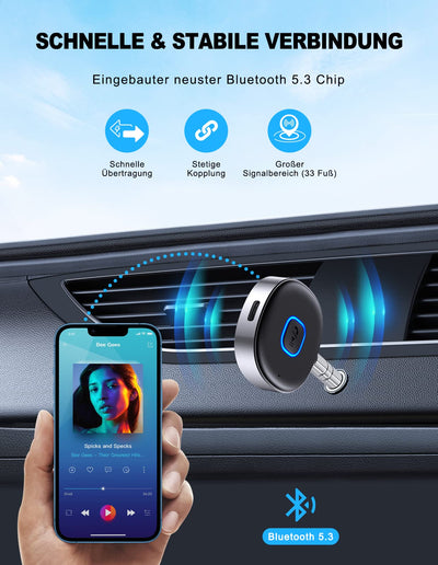 Mohard AUX Bluetooth Adapter Auto, Drahtloser KFZ Bluetooth 5.3 Empfänger für Heim-Stereo/Kabelgebundene Kopfhörer, Bleutooth Adapter AUX 3,5mm, Auto Equalizer, Dual Verbindung, 16 Stunden Spielzeit