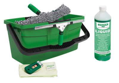 Unger Fenster Reinigungs-Kit (Fensterwischer, Trägerteil, Mikrofaser-Bezug, Eimer 12 L, Reinigungsmittel, Schaber, Glastuch Breite 35 cm) AK015