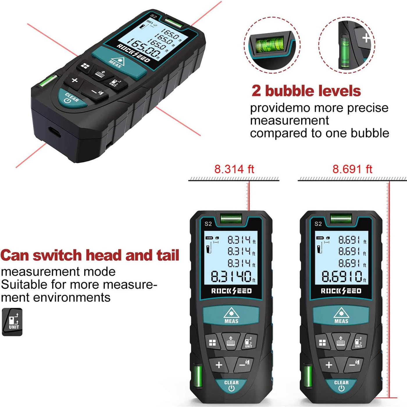 Laser-Entferungsmesser 50M,RockSeed Digitaler Lasermessgerät mit 2 Blasenebenen,Tragbarer Lasermessgerät M/In/Ft Einheit Hintergrundbeleuchtetes LCD zur Messung Entfernung/Fläche/Volumen/Pythagorean