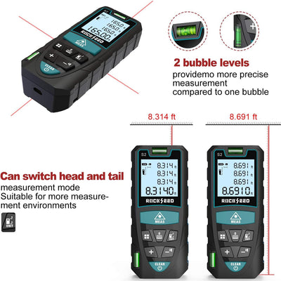 Laser-Entferungsmesser 100M,RockSeed Digitaler Lasermessgerät mit 2 Blasenebenen,Tragbarer Lasermessgerät M/In/Ft Einheit Hintergrundbeleuchtetes LCD zur Messung Entfernung/Fläche/Volumen/Pythagorean