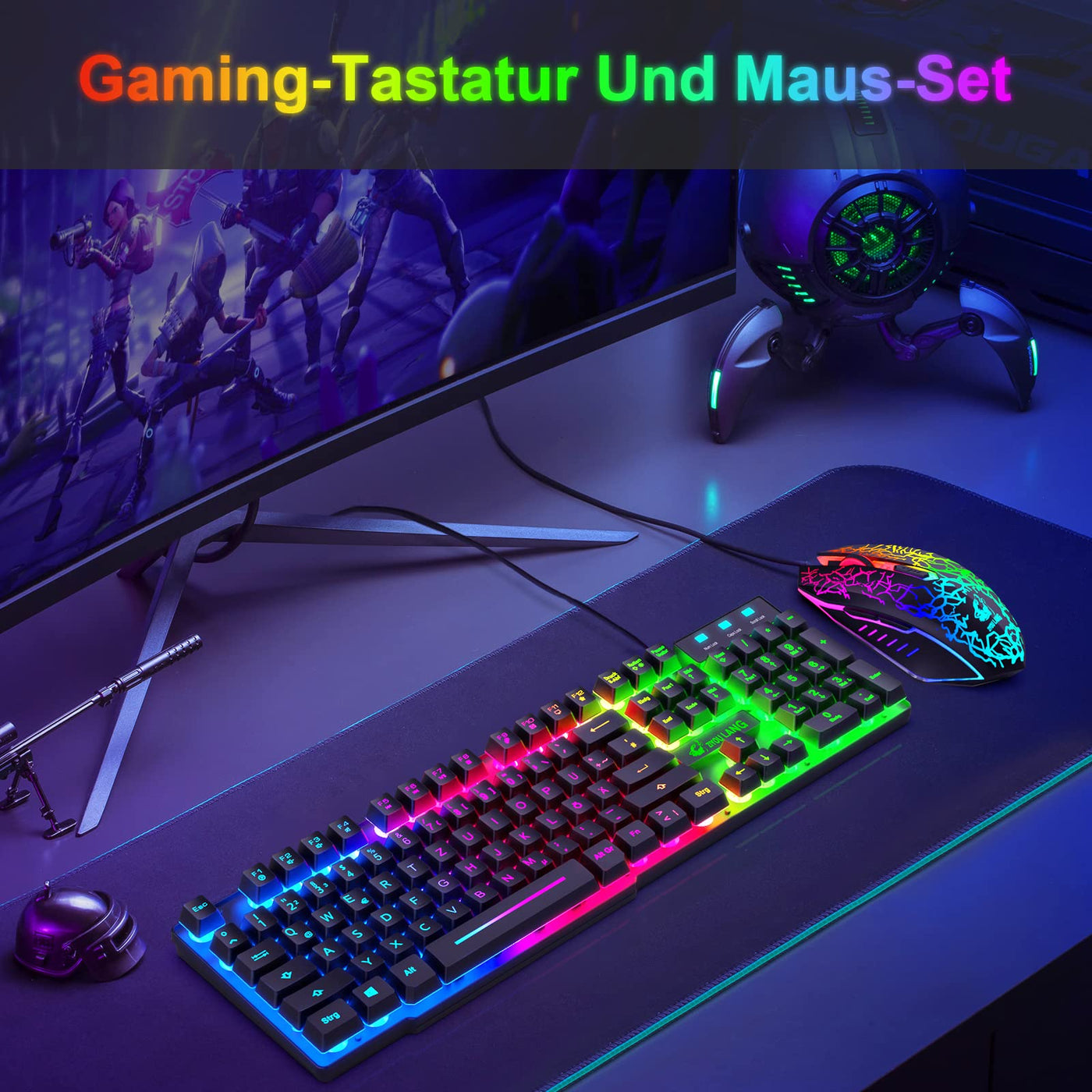 QWERTZ Deutsches DE Layout Kabelgebundene Gaming Tastatur und Maus Set 104 tasten LED Regenbogen Farben Beleuchtete 2400 DPI 6-Tasten-Maus Tastatur und Maus kompatibel mit PC PS5 PS4 Xbox-Schwarze