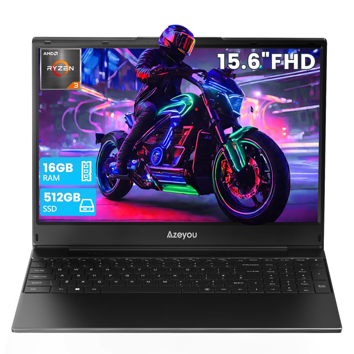 Azeyou 15,6" FHD IPS Laptop für Beruf und Studium, AMD Ryzen 3 3200U Prozessor, 16 GB RAM, 512 GB SSD, 5G WiFi, Bluetooth 5.0, Win 11 Pro, HDMI, USB-C, SD-Kartenleser, Ziffernblock, Webcam, QWERTZ