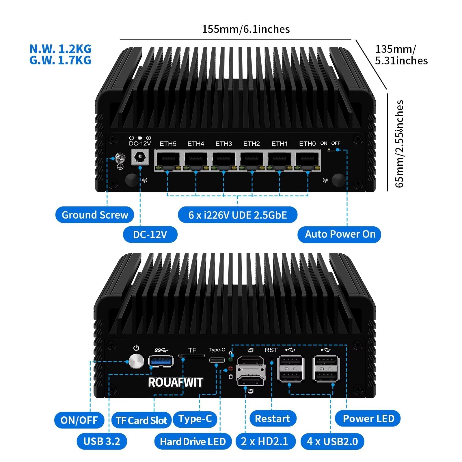 ROUAFWIT Micro Firewall N100 12TH Gen Fanless Mini PC, Router Applianc ...