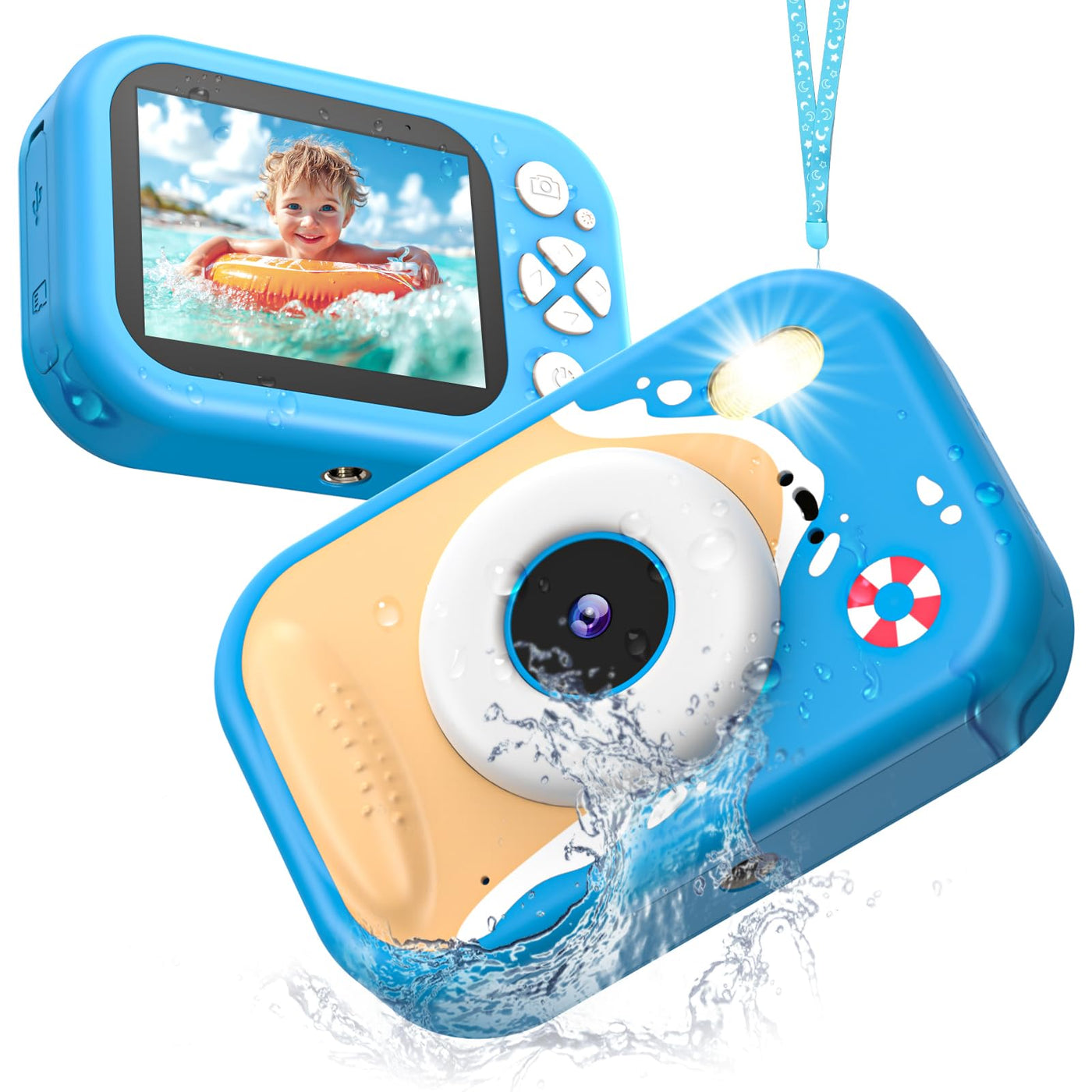 wasserdichte Kamera für Kinder, 48MP 1080P Kinderkamera Digitalkamera Unterwasser Kamera Kinder mit 2,4 Zoll Bildschirm 32GB-Karte Notfall-LED-Blitz, Geschenk für 3-12 Jahre Mädchen Jungen,Blau