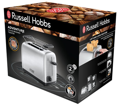 Russell Hobbs Toaster [für 2 Scheiben] Adventure Edelstahl (extra breite Toastschlitze, inkl. Brötchenaufsatz, 6 Bräunungsstufen + Auftau- & Aufwärmfunktion, Lift & Look-Funktion, 850W) 24080-56