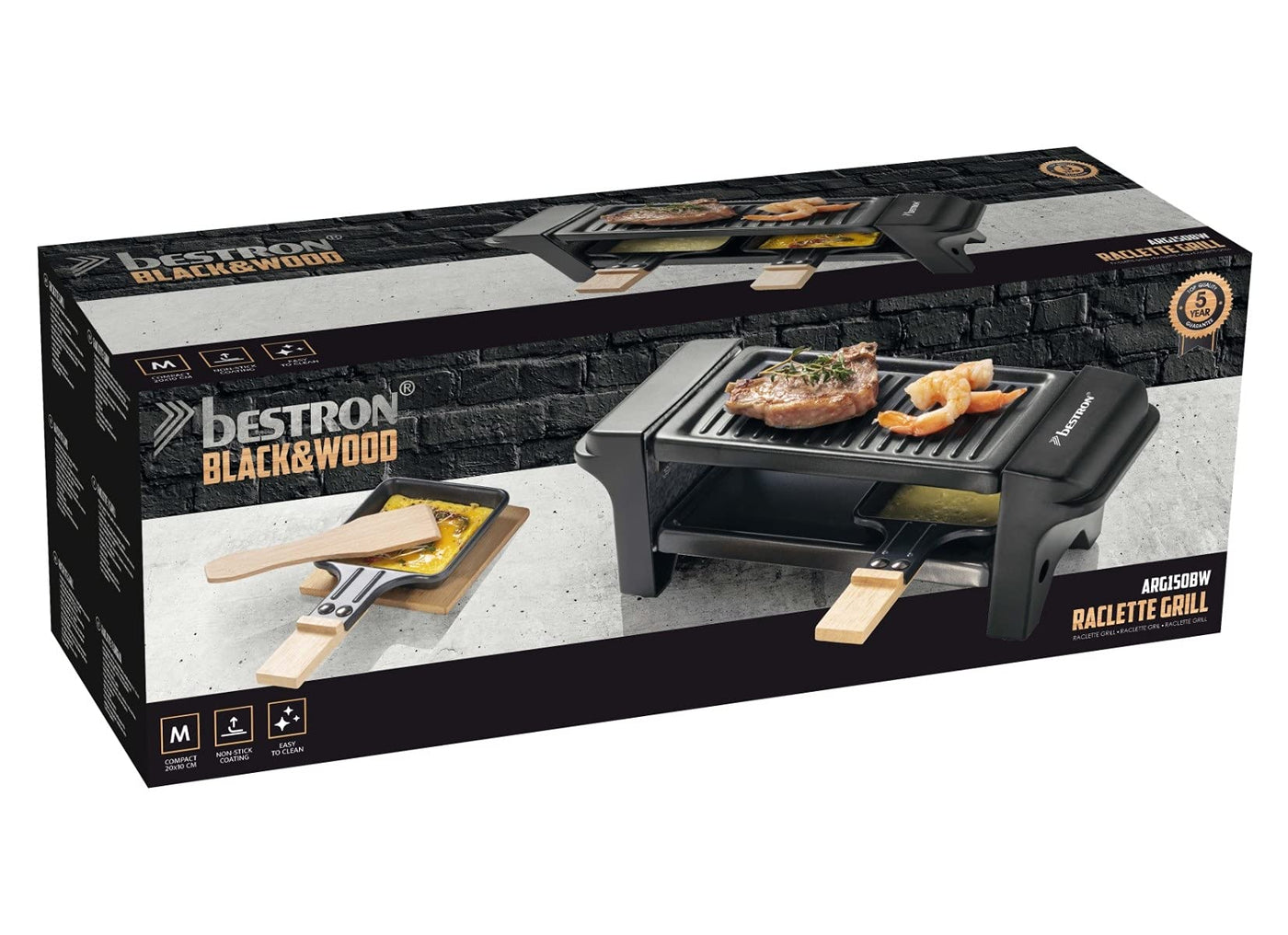 Bestron Raclette für 1 bis 2 Personen, Mini Tischgrill mit zwei Pfännchen, zwei Holzschabern & zwei Untersetzern, 350 Watt, Farbe: Schwarz