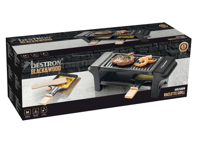 Bestron Raclette für 1 bis 2 Personen, Mini Tischgrill mit zwei Pfännchen, zwei Holzschabern & zwei Untersetzern, 350 Watt, Farbe: Schwarz