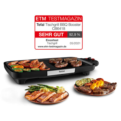 Tefal CB6418 BBQ Booster Tischgrill | Power-Boost-Zone | 2200 Watt | Antihaftbeschichtung | 6 Stufen Thermostat | Auffangschale spülmaschinengeeignet | Thermo-Spot | extragroße Grillfläche | Schwarz