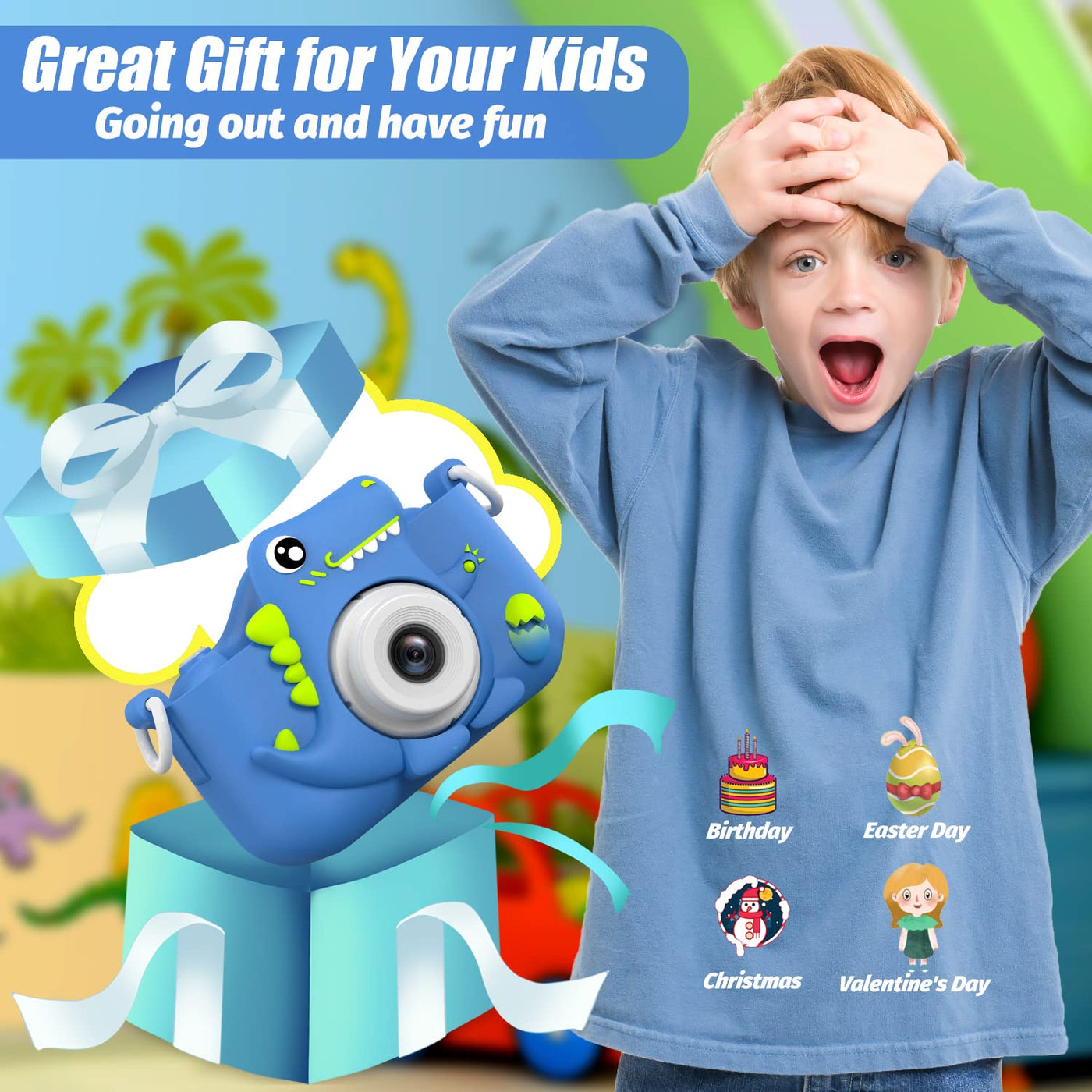 Neu Dinosaurier Kinderkamera, Weihnachten Geburtstag Geschenke für Mädchen Jungen Alter 3-12, 1080P HD Selfie Digital Video Kamera, Niedliche kleine Mädchen Geschenke Spielzeug für 3 4 5 6 Jahre