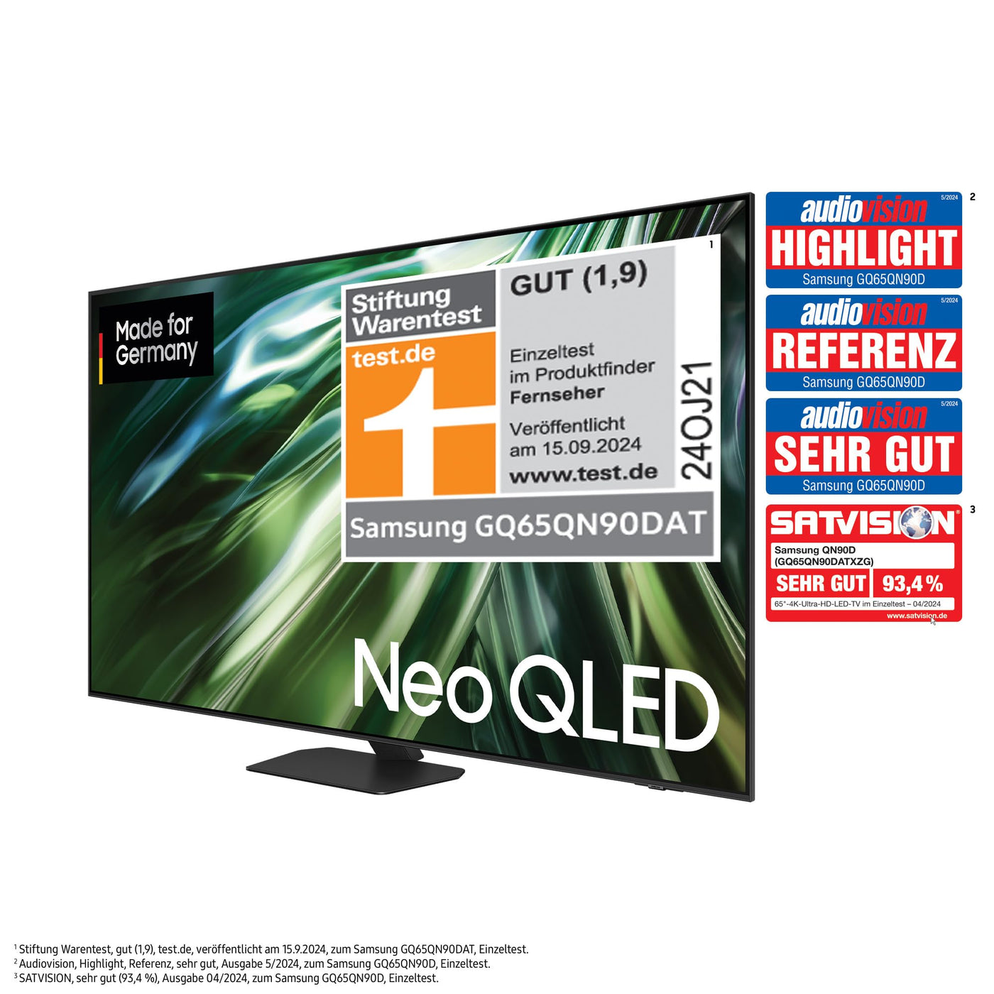 Samsung Neo QLED 4K QN90D Fernseher 65 Zoll, Samsung TV mit Neural Quantum 4K AI Gen2 Prozessor, Quantum-Matrix-Technologie, AI 4K Upscaling, Smart TV, KI TV, GQ65QN90DATXZG, Deutsches Modell [2024]