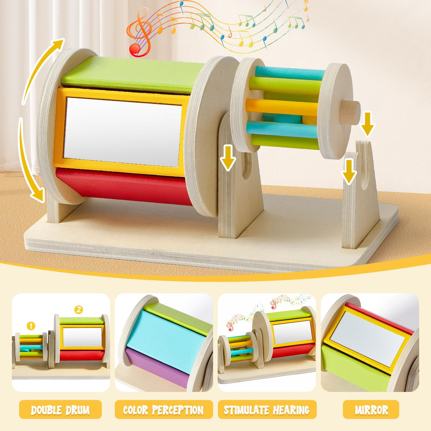 Atoylink Montessori Baby Spielzeug ab 0 3 6 9 Monate, Sensorik Spielzeug mit Spinning Drum & Regenmacher Baby & Steckpuzzle, Holzspielzeug Motorikspielzeug Babyspielzeug Geschenk 1 Jahr