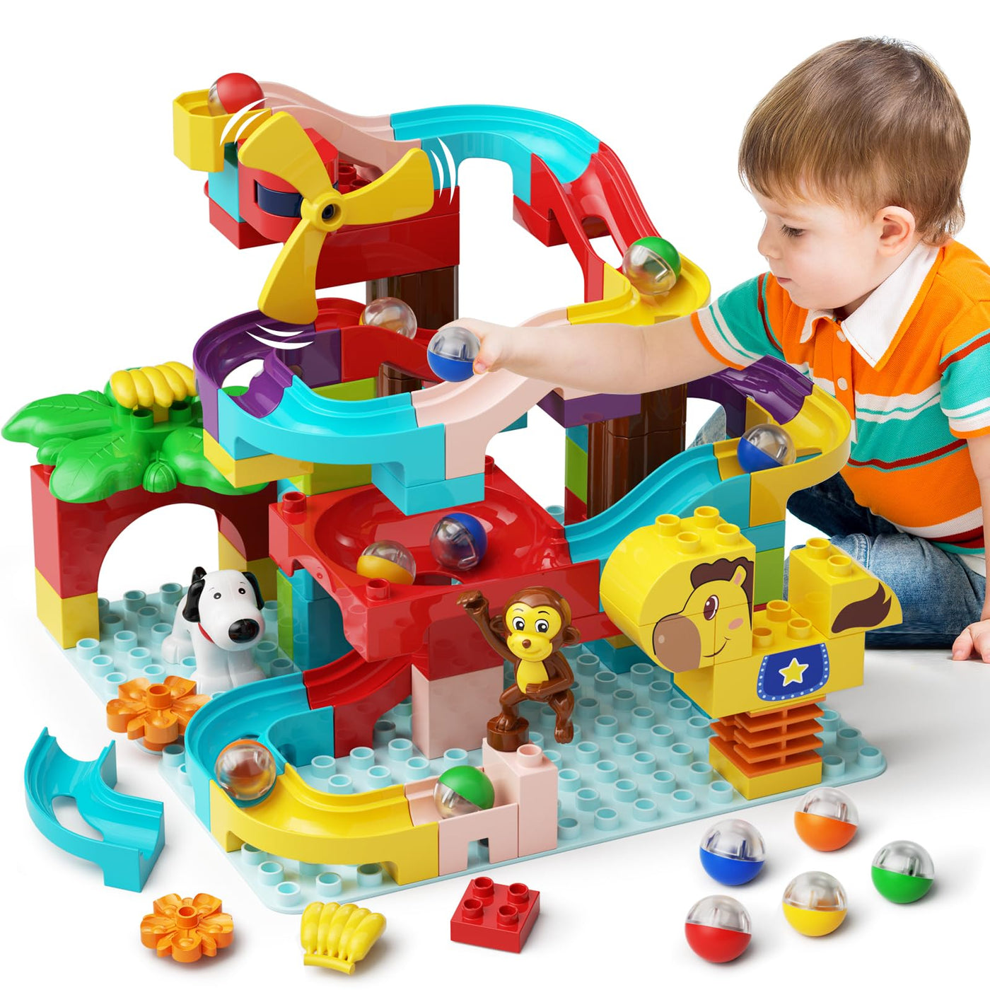 Murmelbahn Bausteine Kinder STEM Spielzeug, 3-in-1 Kugelbahn Bauset für Kinder 88 Pcs Groß Blöcke Ball Race Lernspielzeug Geburtstag Spielzeug für Jungen Mädchen 3+ Jahre