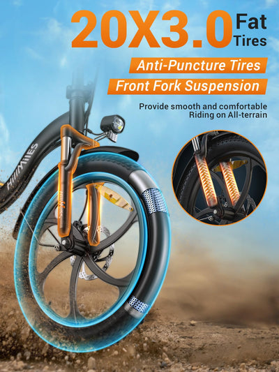 MilePort 1 Elektrofahrrad Für Erwachsene, 250W Klappbares Elektrofahrrad Mit 36V 13AH Abnehmbarem Akku, Geschwindigkeit 25KM/H und Reichweite 100KM, 20„ * 3.0“ Fetter Reifen (Urban, Schwarz)