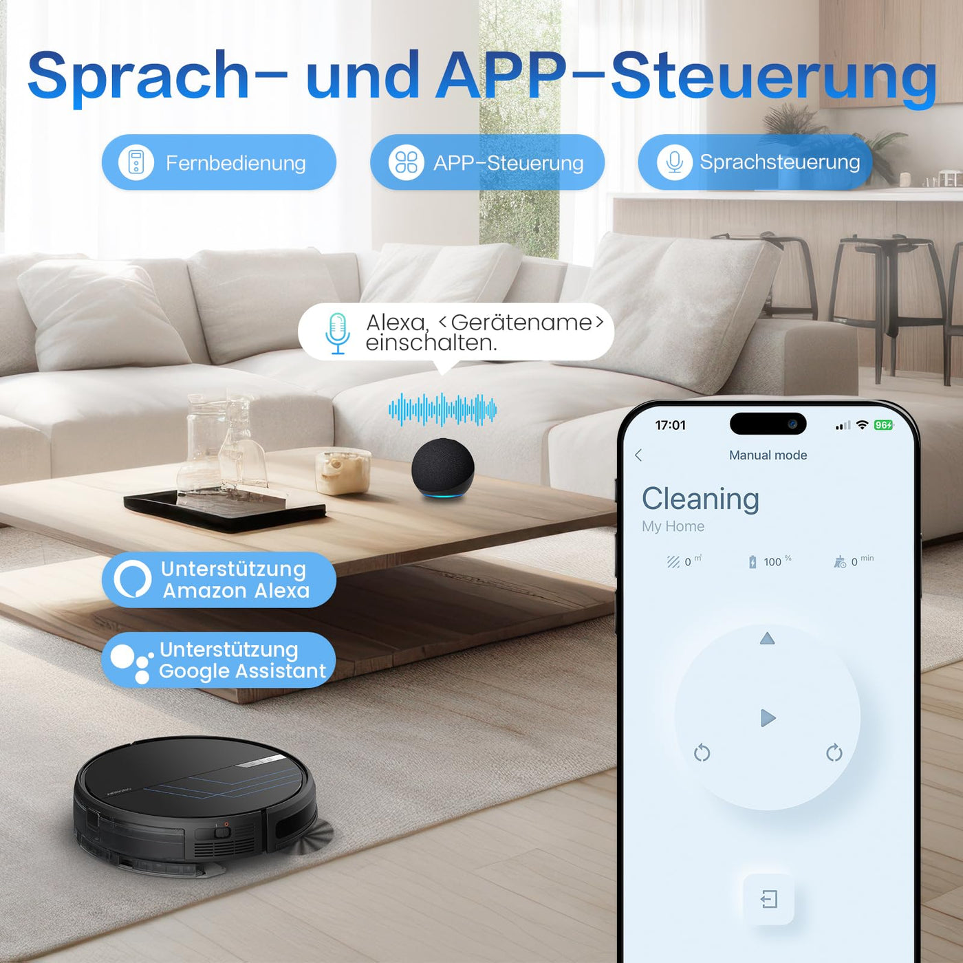 AIRROBO Saugroboter mit Wischfunktion, P30 Staubsauger Roboter, 3000Pa Saugkraft, 3 in 1 Roboterstaubsauger für Tierhaare, Teppich, Hartböden, Wischroboter mit Fernbedienung, 120Min Laufzeit