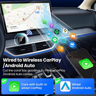 2025 Upgraded 2-in-1 Wireless CarPlay Adapter: unterstützt CarPlay+Android Auto, Bluetooth 5.0 drahtlose Verbindung, Plug &Play,kompatibel mit iOS 12+/Android11+ & Autos ab 2016 (Schwarz)