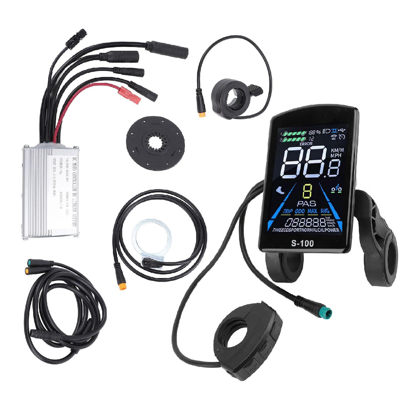 MechKit E-Bike Motor Controller Kit, 36V 48V 250W 350W 15A Motor Controller S100 Farb LCD Anzeigefeld Daumengas Power Assist Sensor und 2 in 1 Anschlusskabel für Elektrofahrrad Elektroroller