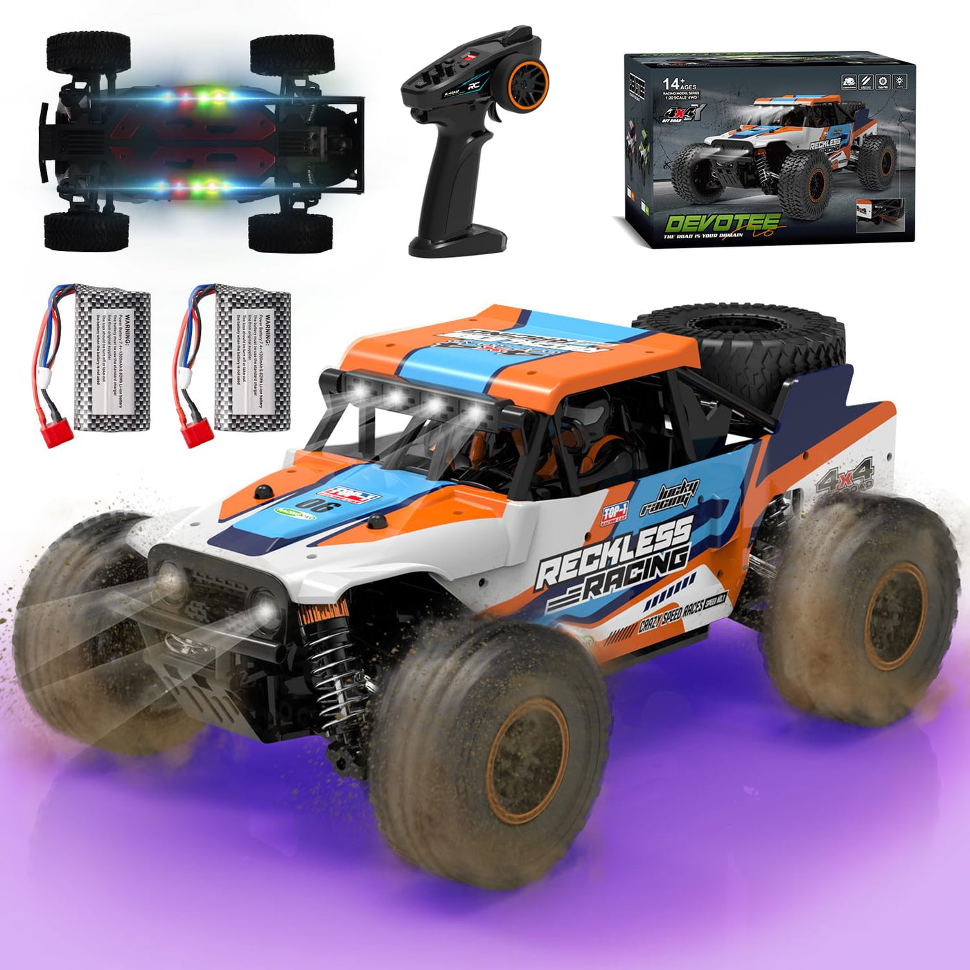 Ferngesteuertes Auto ab 10 Jahre, 32KM/H RC Auto Offroad mit 7 Farben Lichtern, 1/18 RC Monstertruck mit Ersatzreifen, 2.4GHz Monstertruck Ferngesteuert für Kinder Erwachsene, 4WD RTR All Terrain