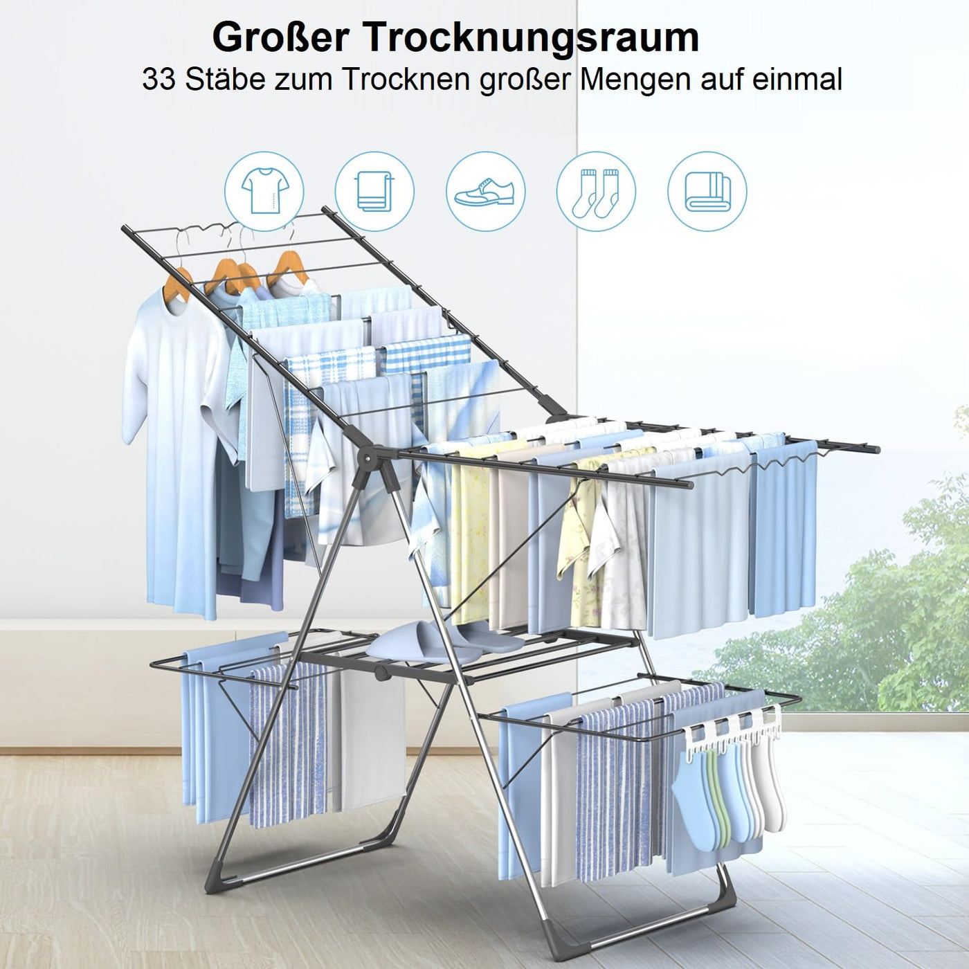 Innotic Wäscheständer Turm Klappbarer Platzsparend Tragbares Flügel-Wäschetrockner, Höhenverstellbar Vertikales Wäscheturm fur Balcon Draußen, Grau