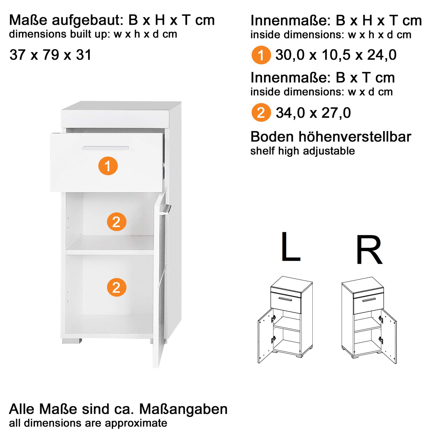 trendteam smart living - Amanda - Kommode - Weiß Hochglanz - Standschrank - (BxHxT) 37 x 79 x 31 cm - Badschrank mit 1 Tür und 1 Schublade - silberfarbene Griffe - universal einsetzbar