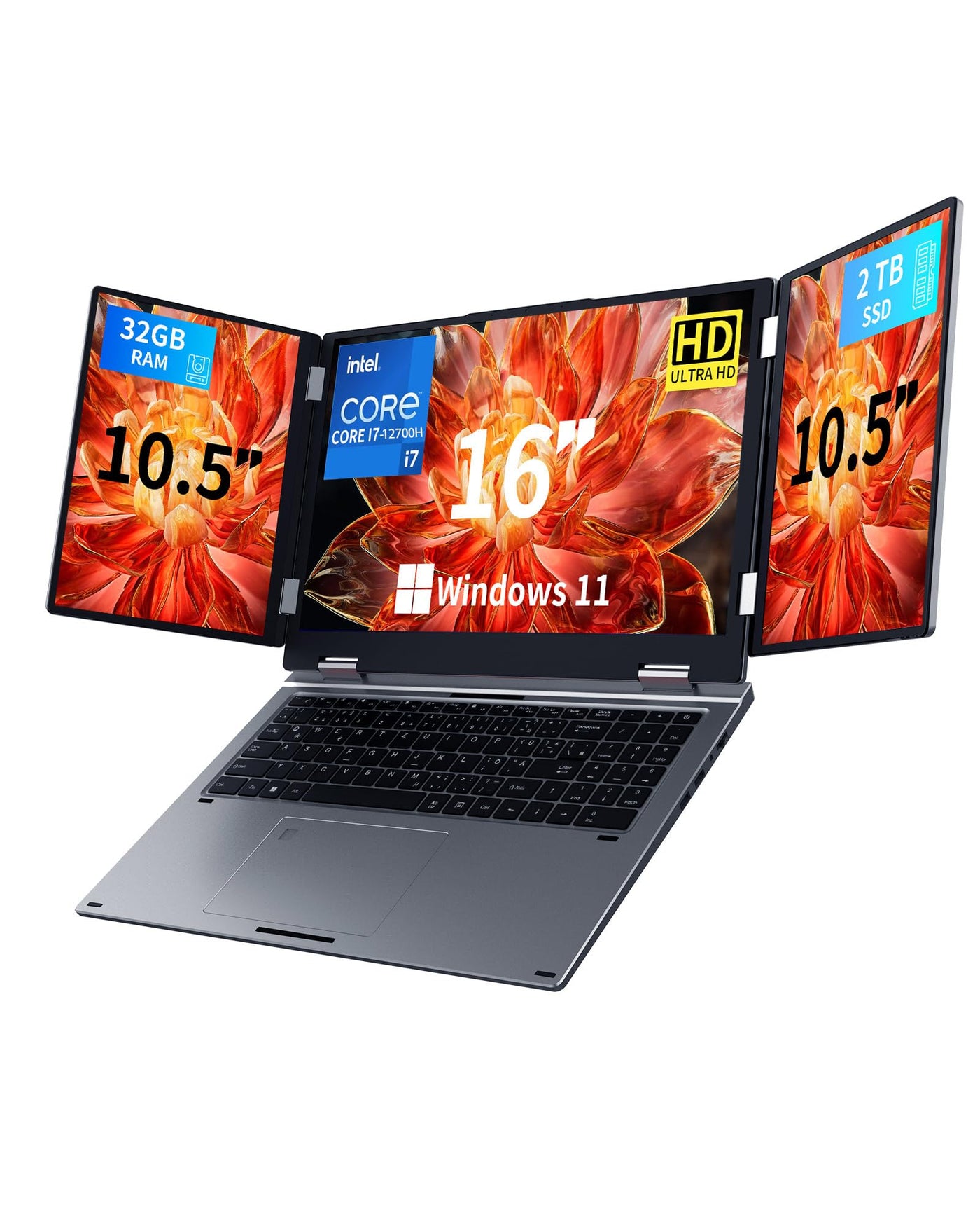Laptop mit 3 Bildschirmen, 16" Hauptdisplay + 2x10,5", i7-12700H, 32GB RAM, 2TB SSD, Win 11 Pro, Wi-Fi 6, BT 5.2, Gesicht-/Fingerabdruck, deutsches QWERTZ-Layout, USB-C, HDMI