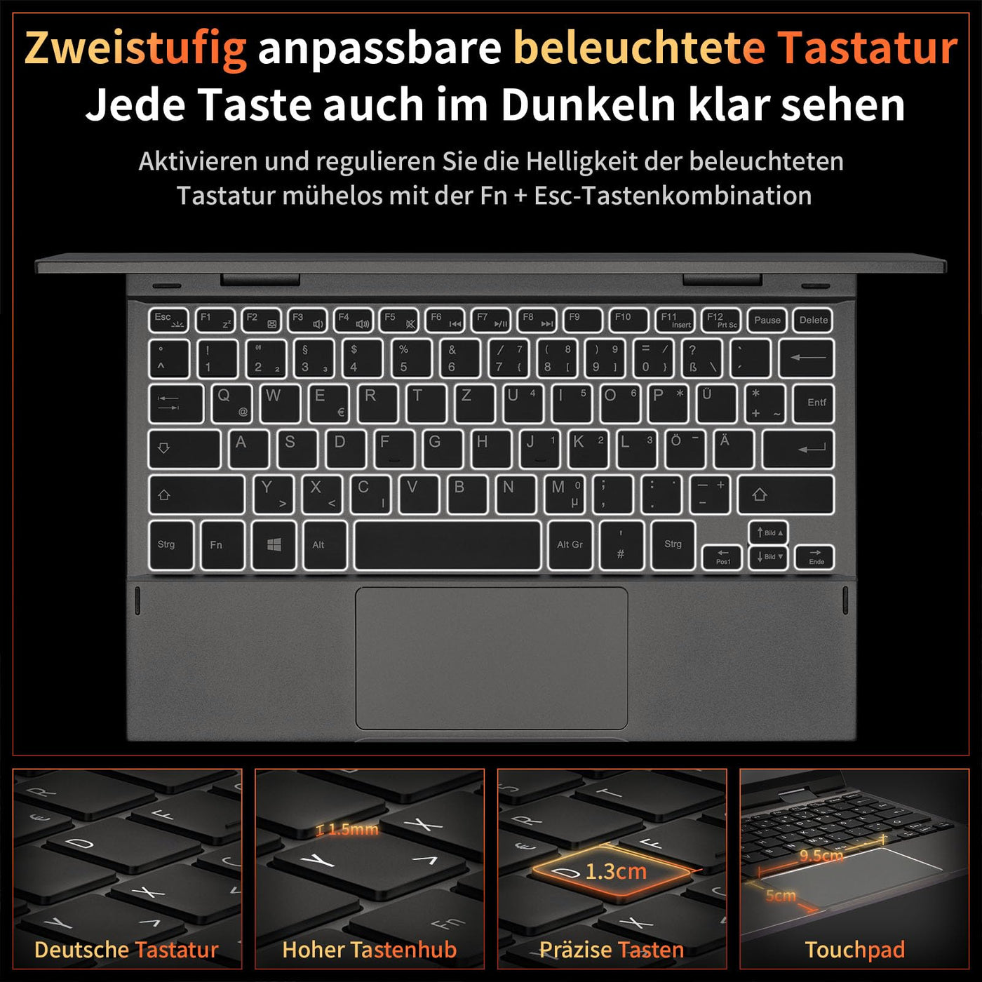 LONGEVINCE Mini Laptop, 10,95 Zoll Ultrabook Laptop, 2000 * 1200 Touch Display, Celeron N95 (bis zu 3,4 GHz),16 GB DDR5 RAM,Convertible,QWERTZ Tastatur,Windows 11,2X Type-C,BT 5.0 (Grau, 16G+960G)